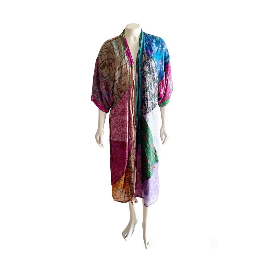 Sacred Threads Silk Kimono Robe Multicolor Patchwork Small - Picture 9 of 16